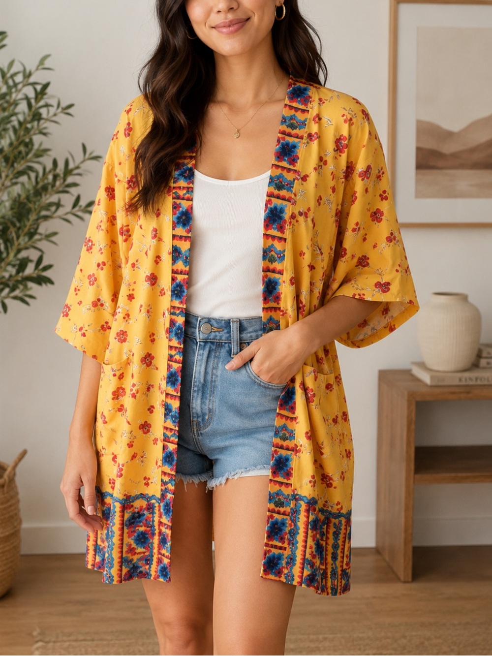 Julyclo Women's Kimoni Swim Cover up/Yellow Floral Cardigan- one size fits most.